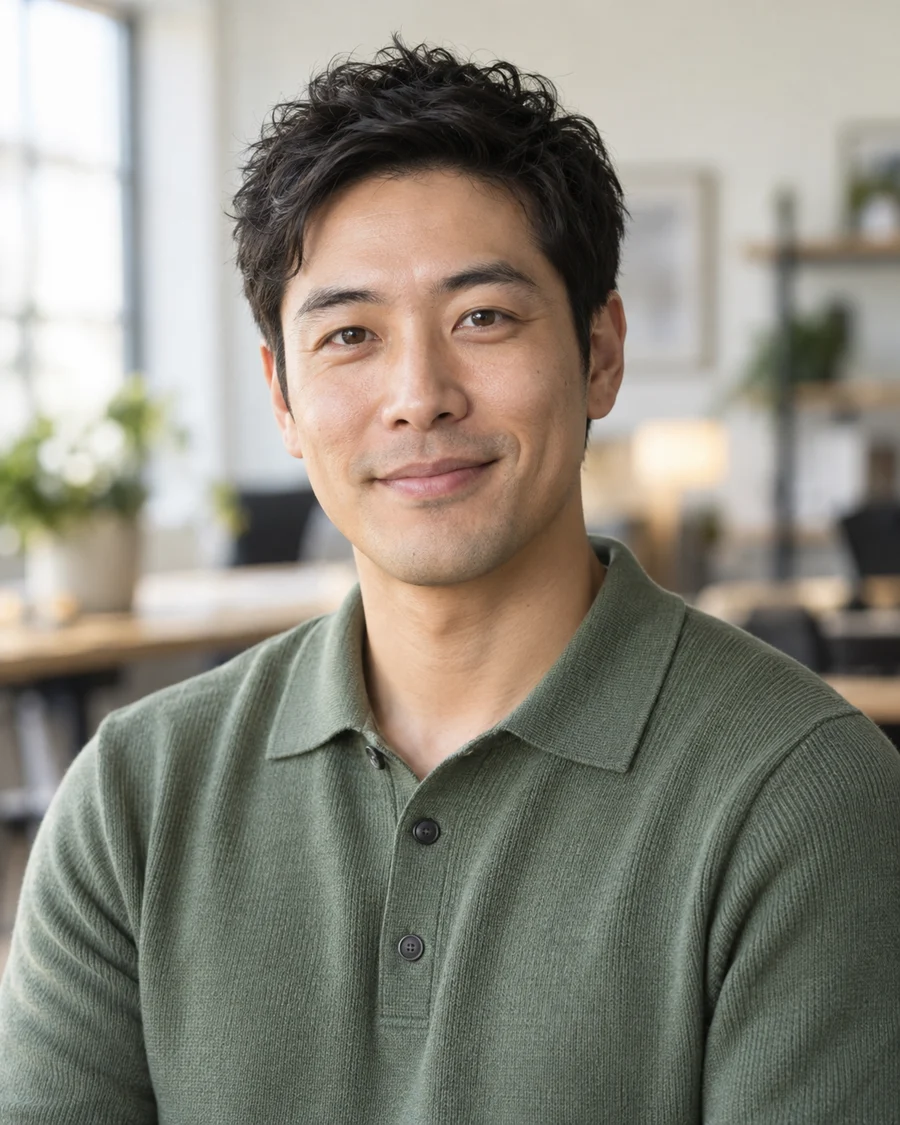 Natural-light style illustration of a man in a sage polo in a bright workspace