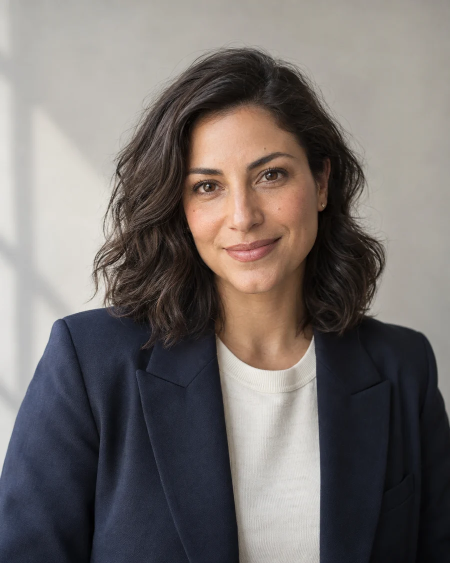 Illustrative AI portrait: a woman in a navy blazer, softly lit against a warm grey background